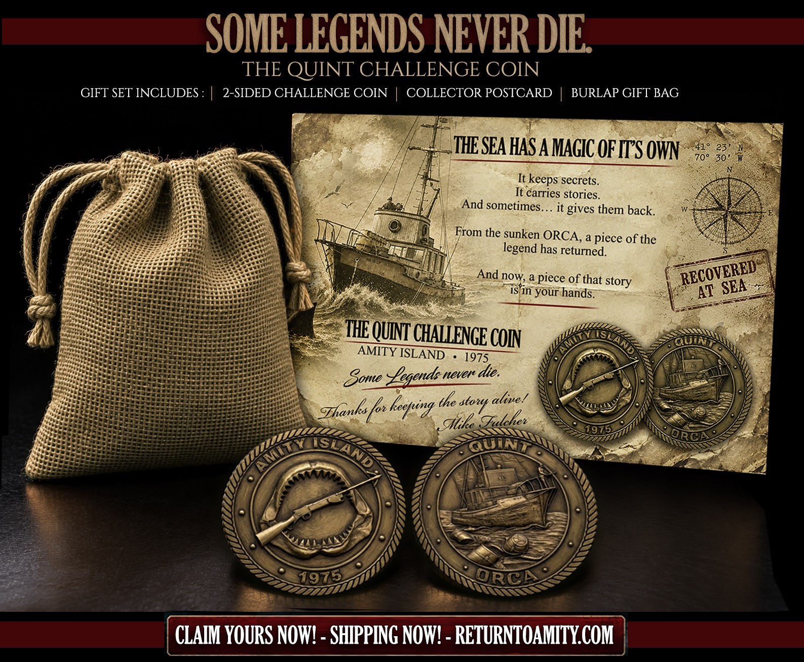 JAWS Quint Challenge Coin Amity Island 1975 Collectible - 2 Sided Coin