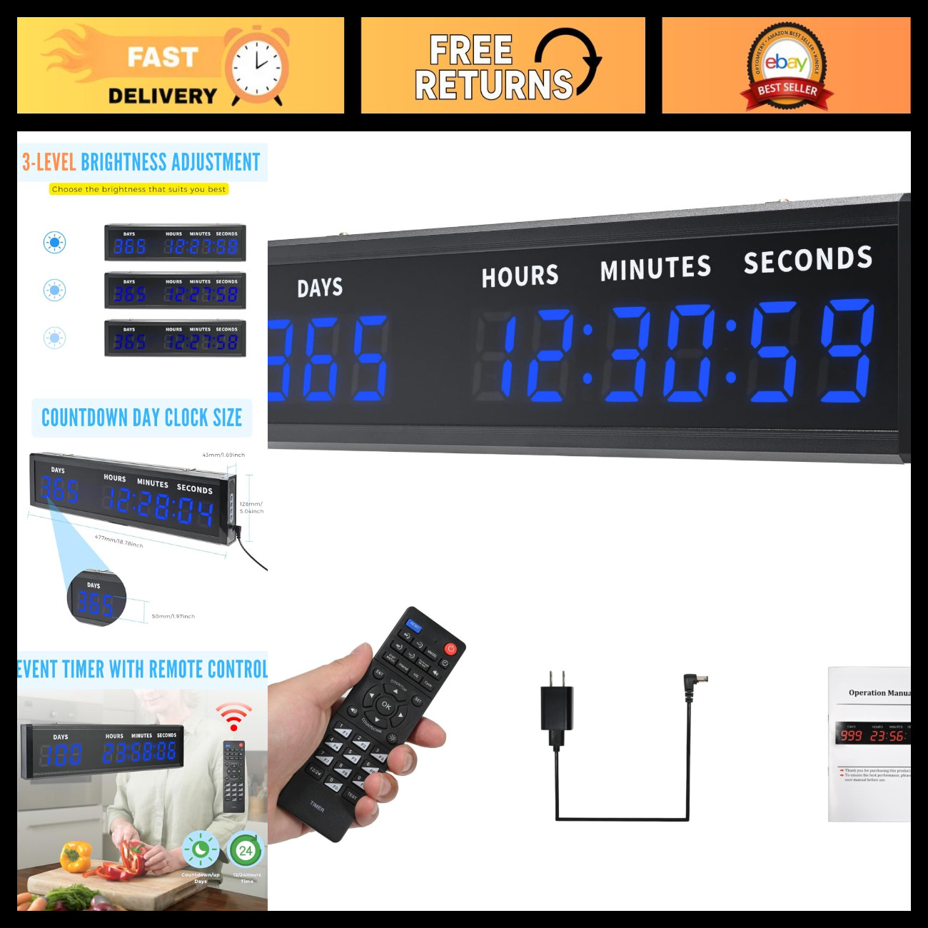 Large Digital Countdown Timer with Remote, 999 Days, 12/24 Hour Clock, Buzzer Al