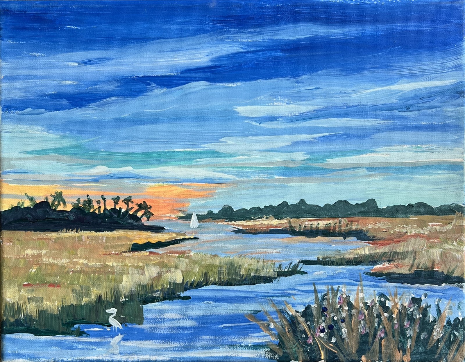 Sophie Dare Original Art, 11X14 Acrylic canvas Coastal Night Marsh Sunset