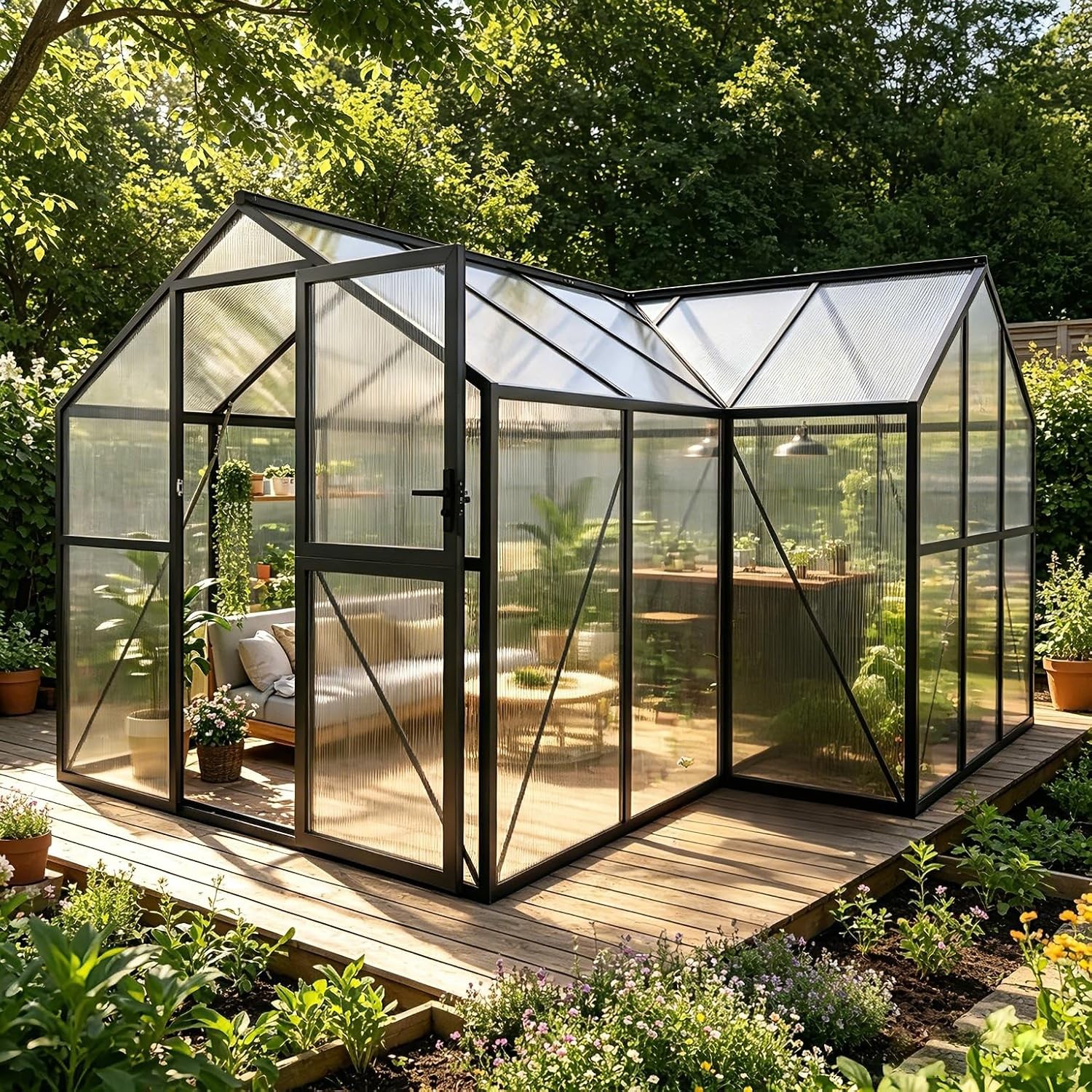 12x12ft T Shape Polycarbonate Greenhouse Aluminum Frame Roof Vent Quick Install