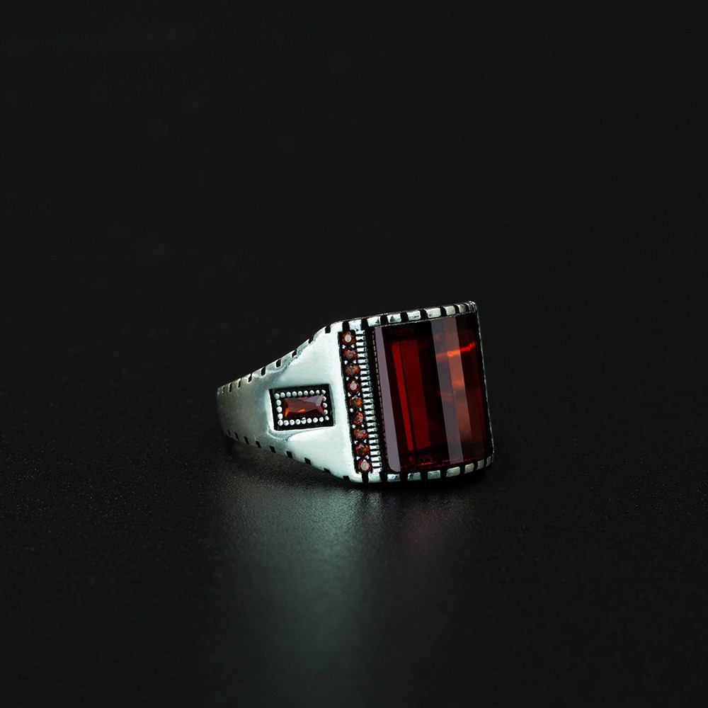 Men\'s Polished 925 Sterling Silver Red Ruby Gemstone Handmade Ring