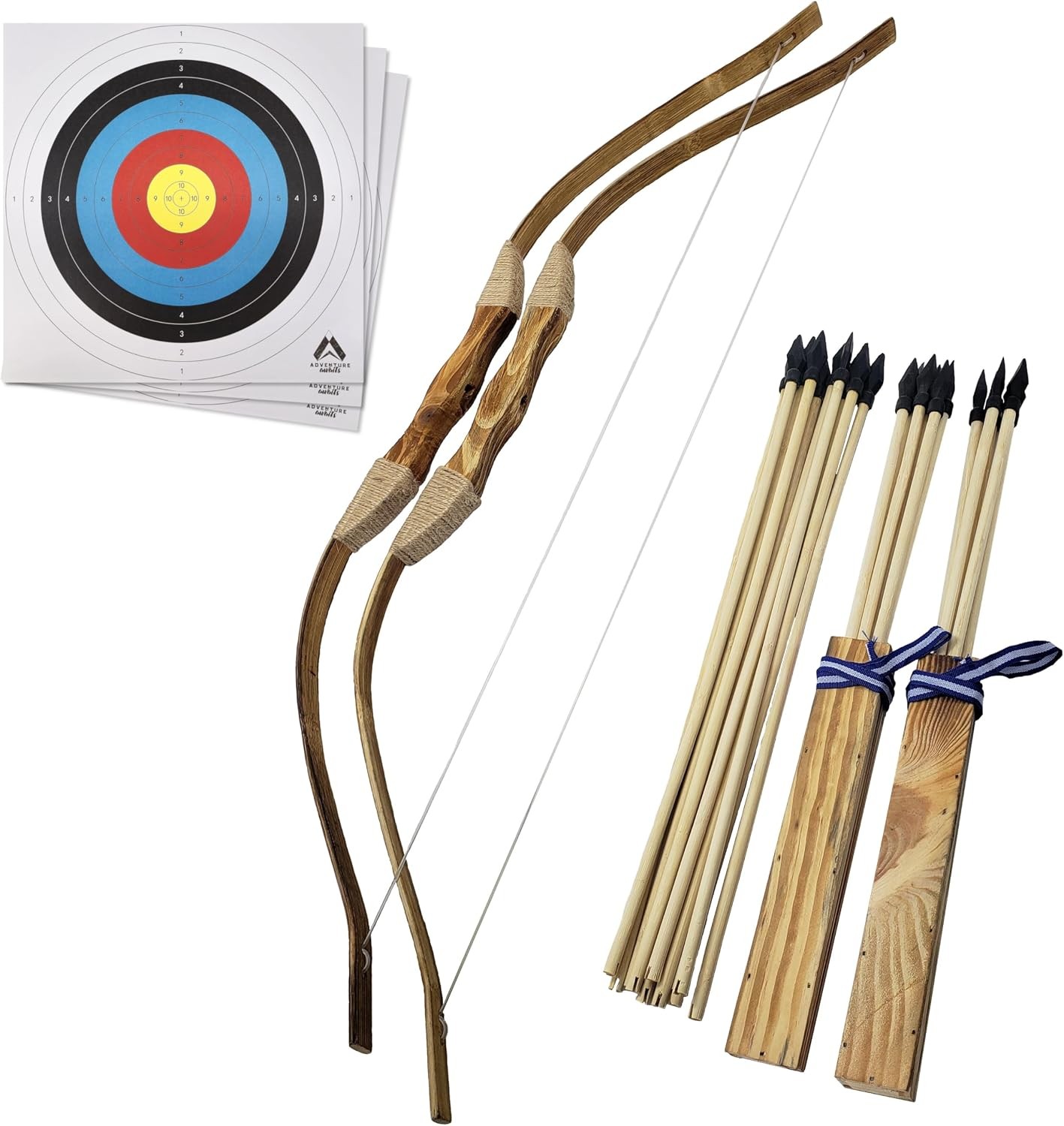 Adventure Awaits - 2-Pack Handmade Wooden Bow and Arrow Set - 20 Wood Arrows and