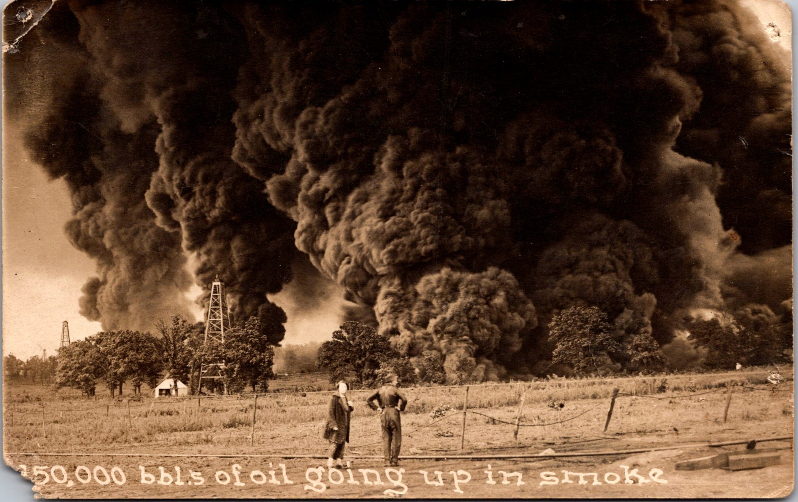 Mint Drumright OK USA RPPC Real Picture Postcard Burning Oil Field Heavy Smoke