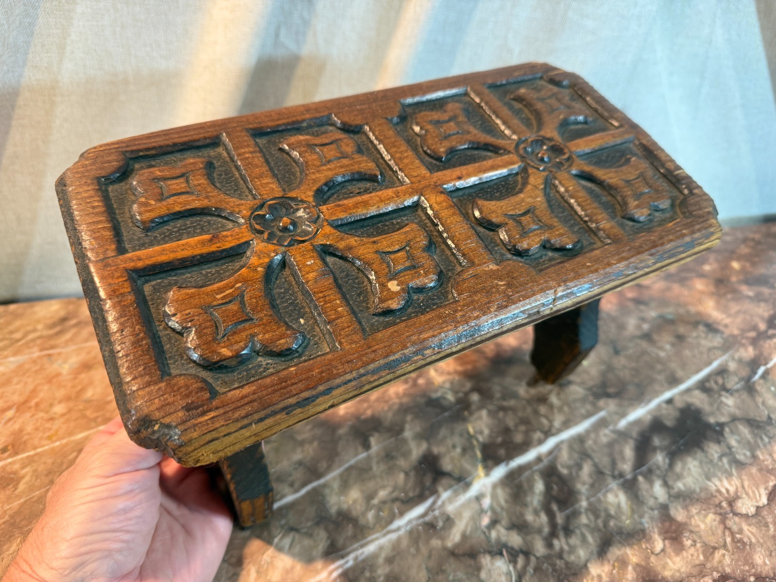 Antique Victorian Carved GOTHIC REVIVAL PETITE STOOL Footstool Bench c. 1800\'s