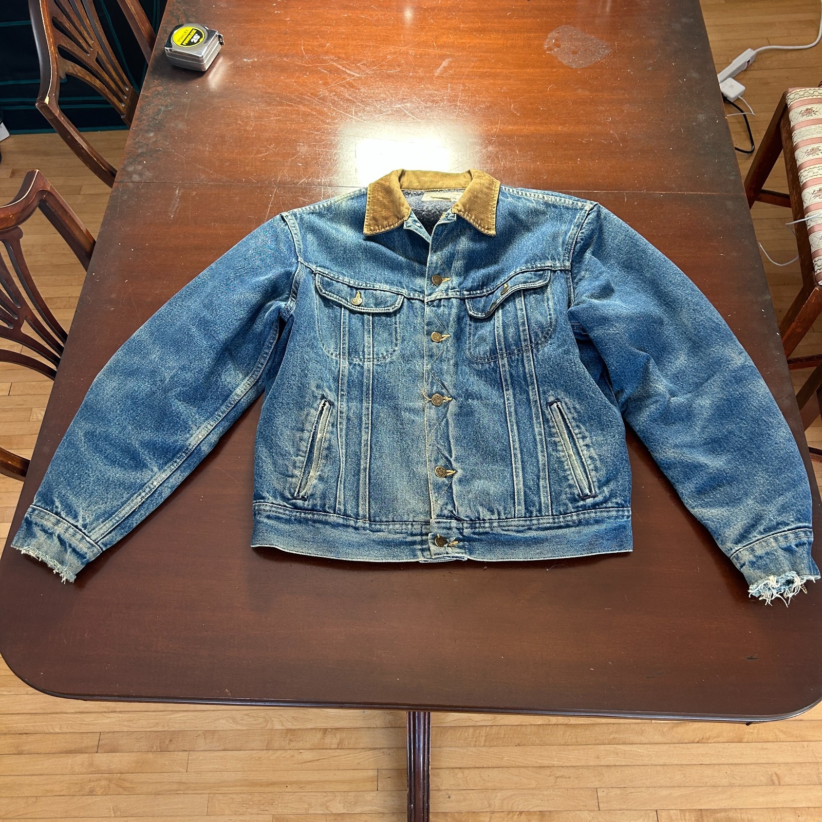 Vtg 70s 80s Lee Storm Rider Blanket Denim Jacket Size 42L Corduroy Back Graphic