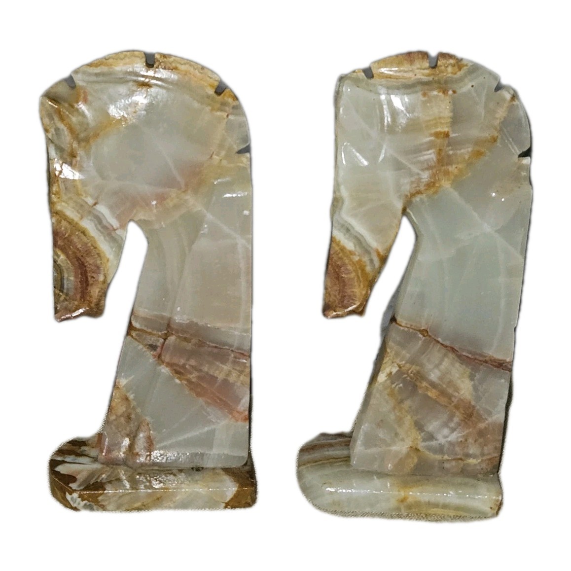 MCM Bookends VTG Hand Carved Banded Onyx Trojan Chess Knight Heavy X-LG Art Deco