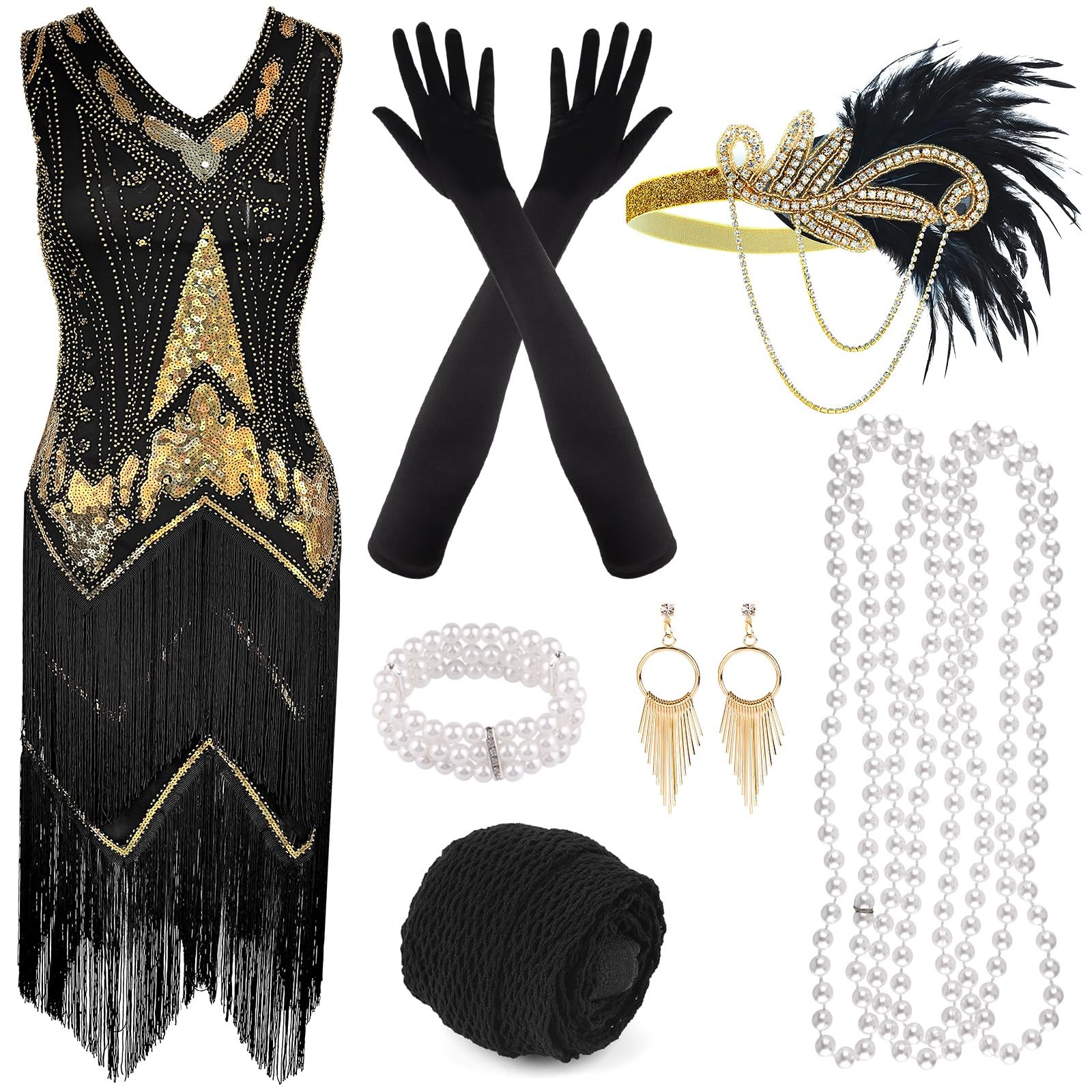 PLULON 1920s Flapper Fringed Sequin Dress with Accessories Set Gold Medium