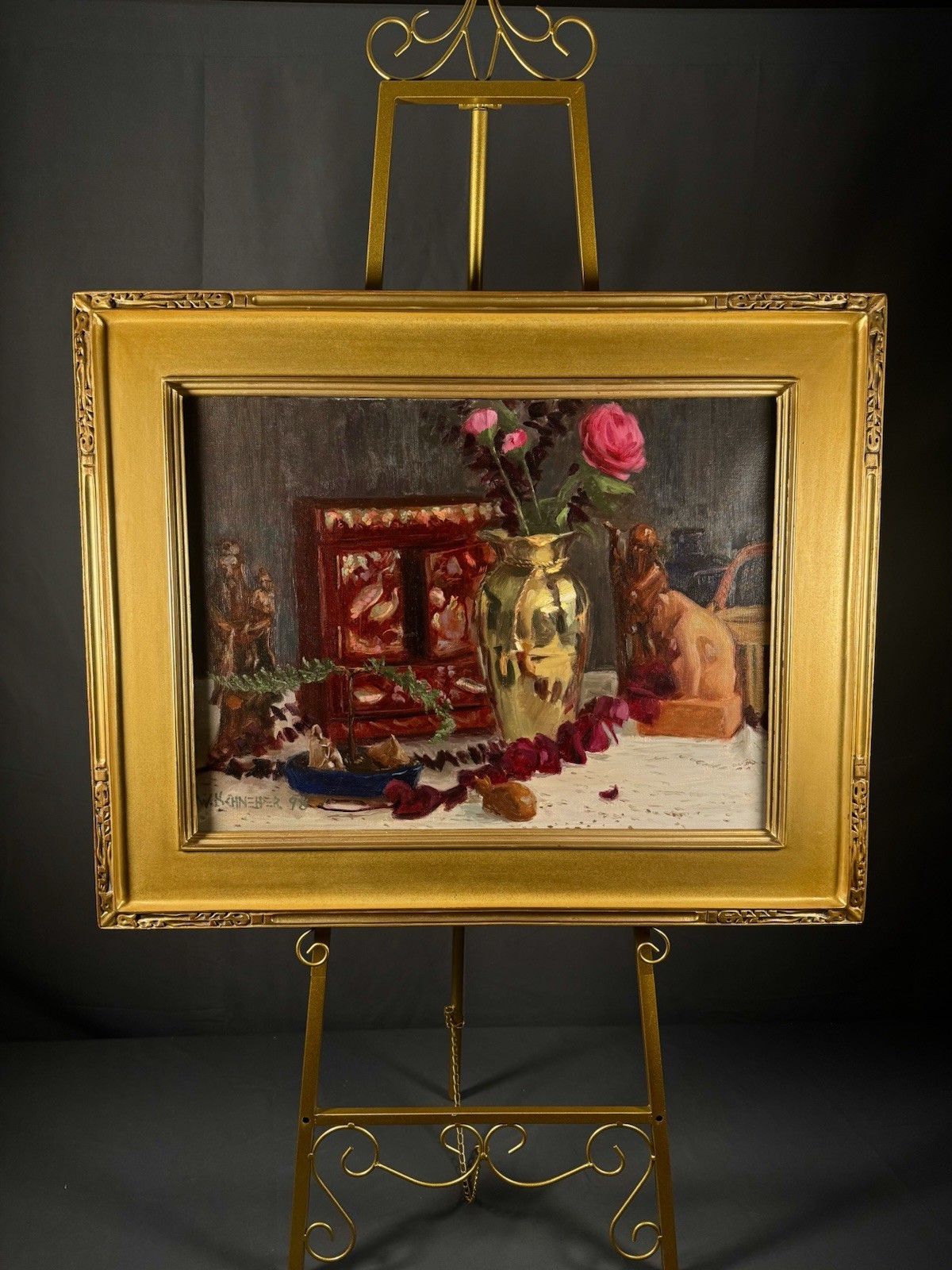 Signed Still Life Floral Romantic European Style Statement Art Oil Painting
