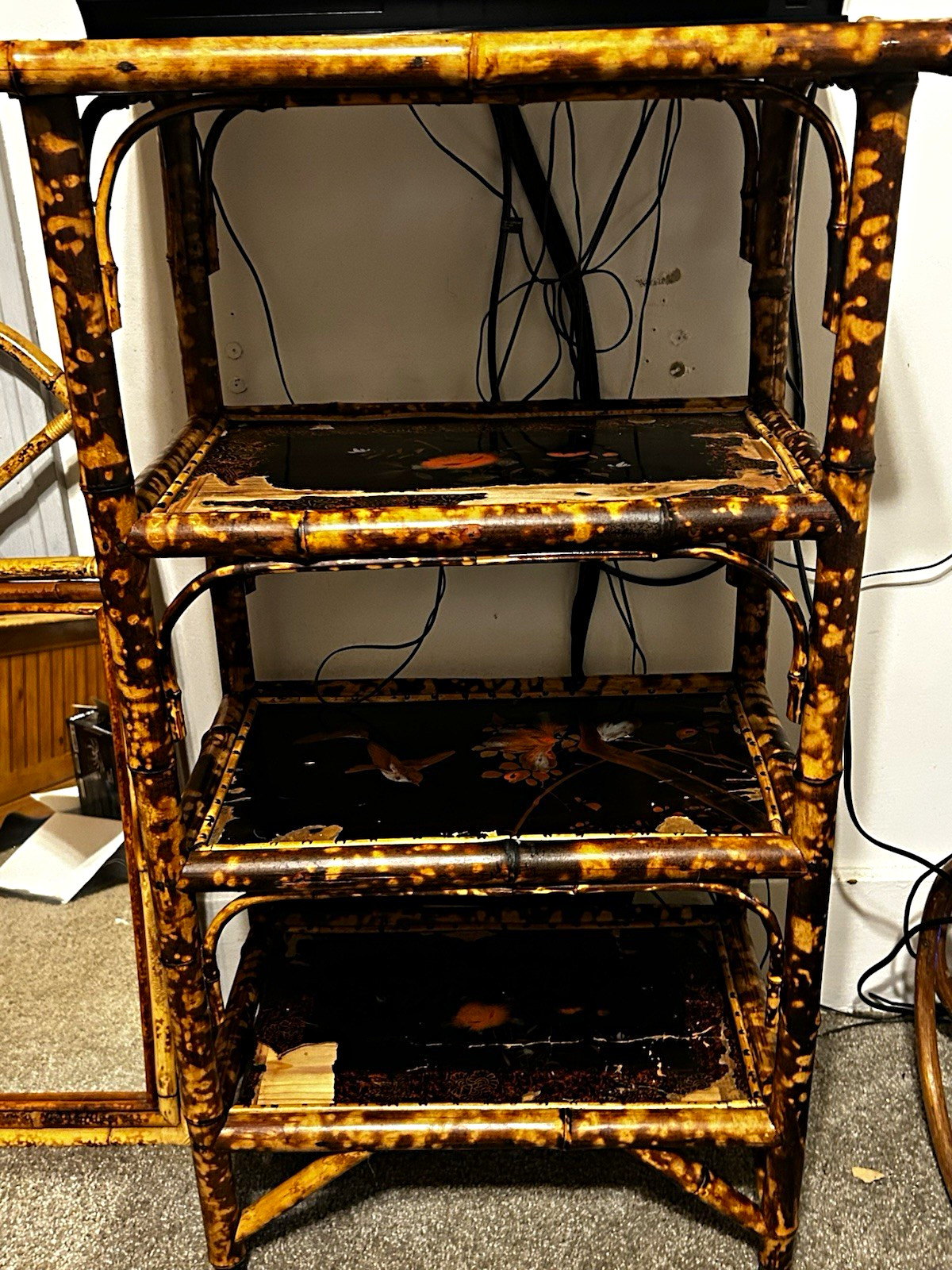 Antique Victorian Burnt Bamboo Étagère, Chinoiserie Lacquer Shelves,1880 to 1900