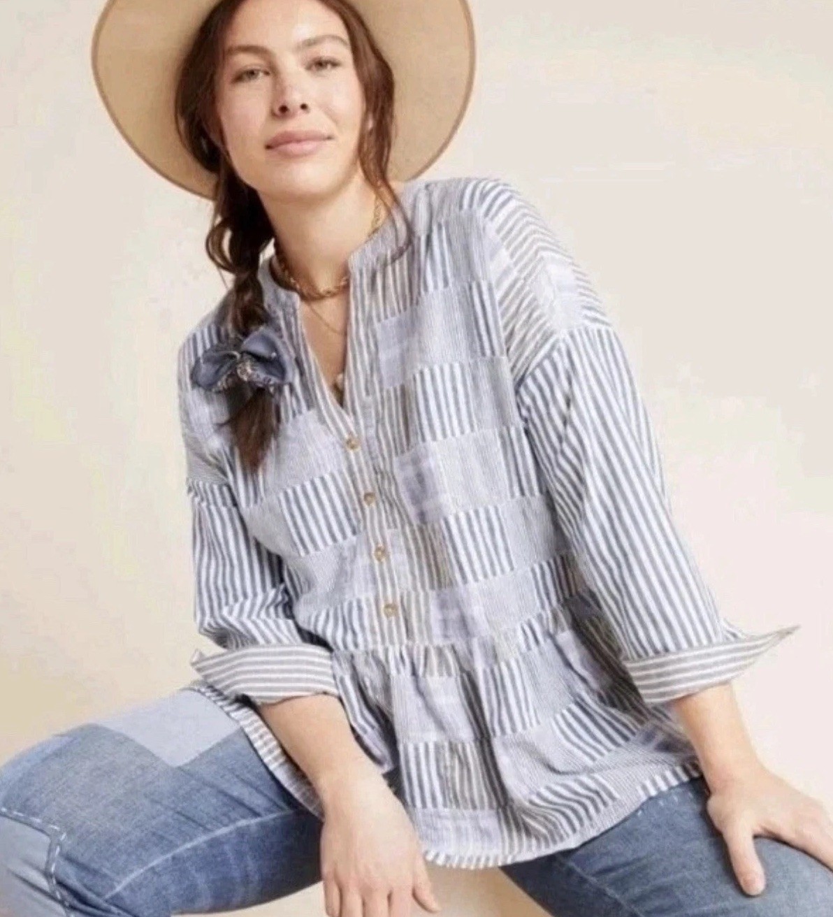 EUC Maeve Anthropologie The Zoe Cotton Blue Patchwork Swing V-neck Tunic Top XS