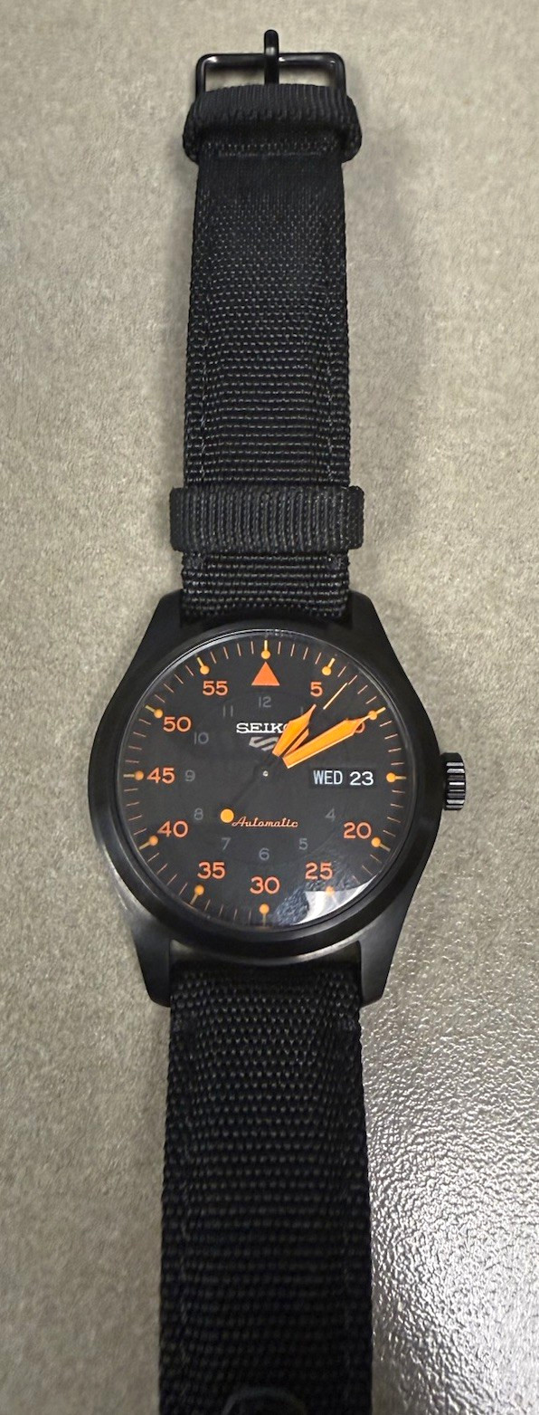 Seiko 5 Automatic Day/Date Black Dial 39mm SS 100m Nylon Strap Watch