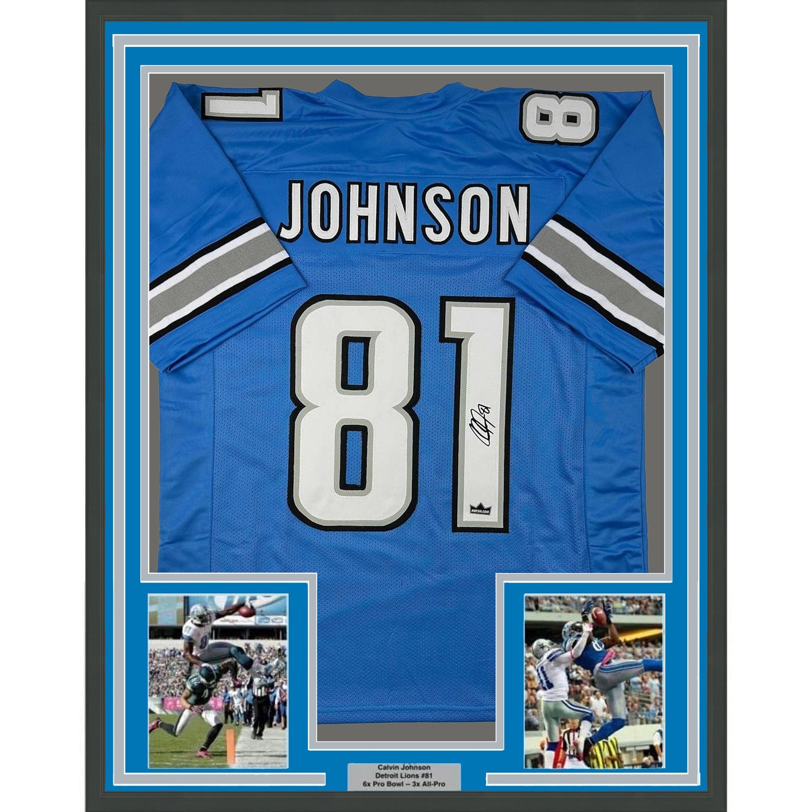 Framed Facsimile Autographed Calvin Johnson 35x39 Detroit Blue Jersey