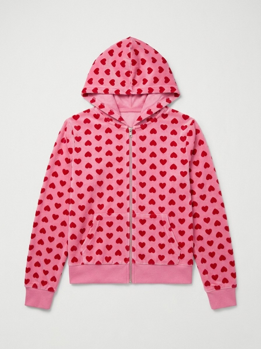 Womens Pink Heart Print Fleece Full Zip Hoodie Jacket Long Sleeve Y2K Kawaii