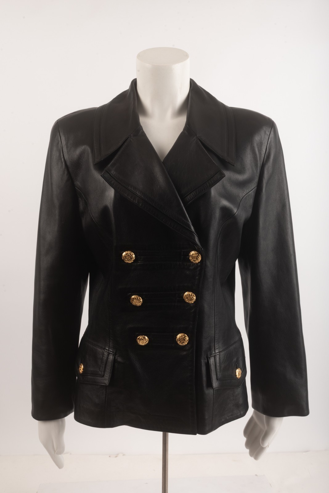 Loewe Madrid Womans Jacket Coat Blazer 44 M Black Leather Double Breasted Vtg