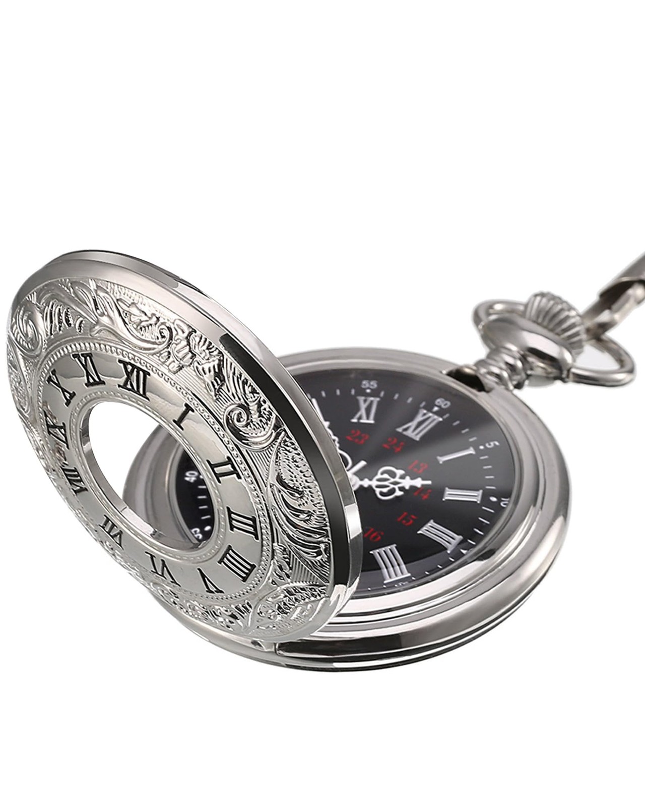 Vintage Pocket Watch Steel Men Watch with Chain (Silver) Vintage Pocket Watch Steel Men Watch with Chain (Silver)