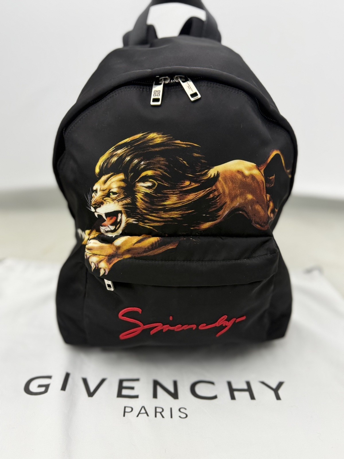 Givenchy Black Nylon Leo Print Backpack with Embroidered Red Script Logo