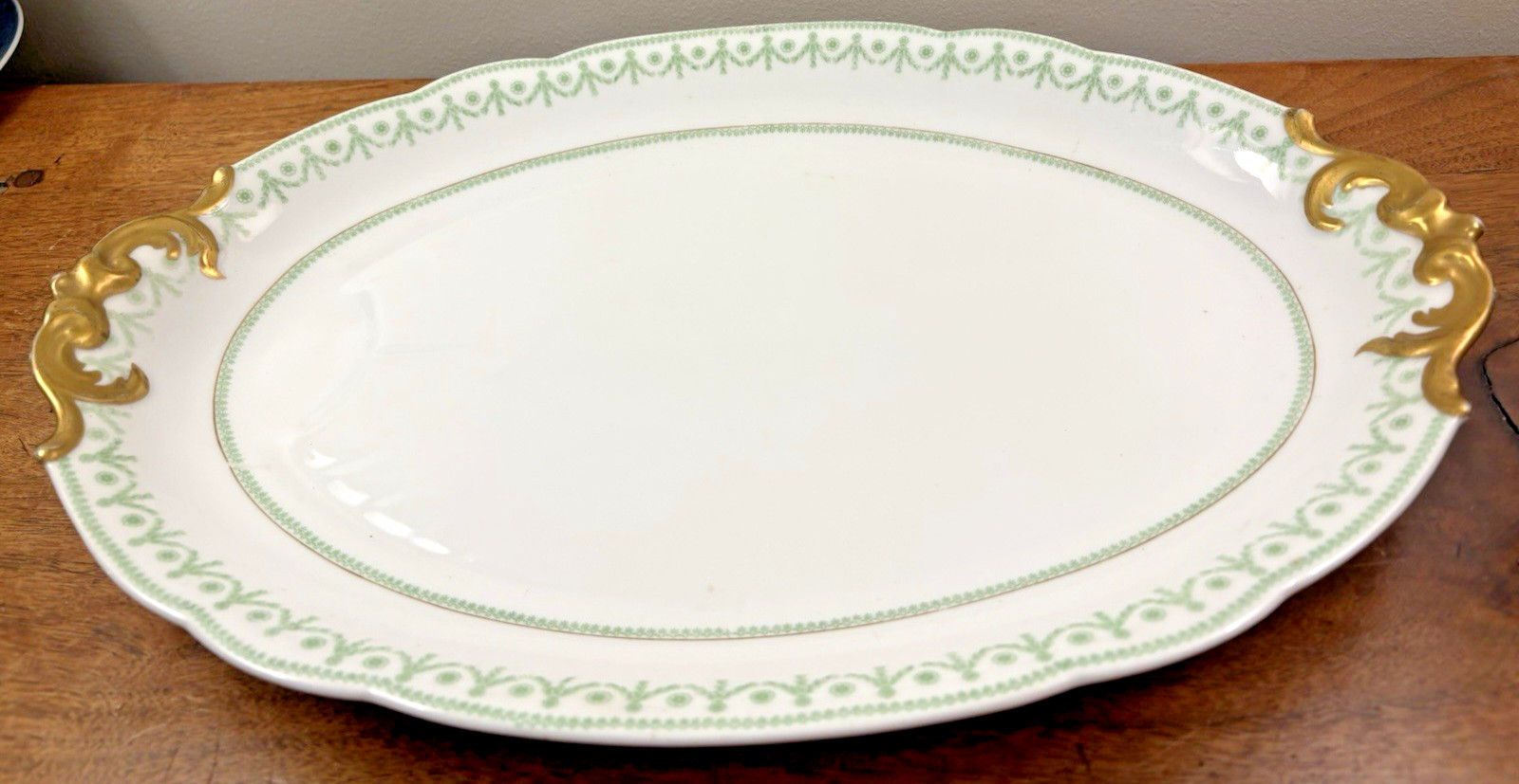 R. Delinieres Limoges France Oval Meat Platter Green Swag Gilt Handles c. 1879