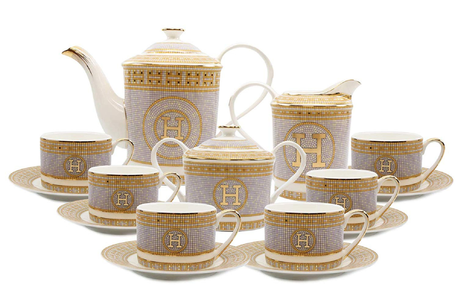 Imperial  Porcelain 15-pc 'Mosaic' Tea Set, Bone China Service for 6  Gift Boxed