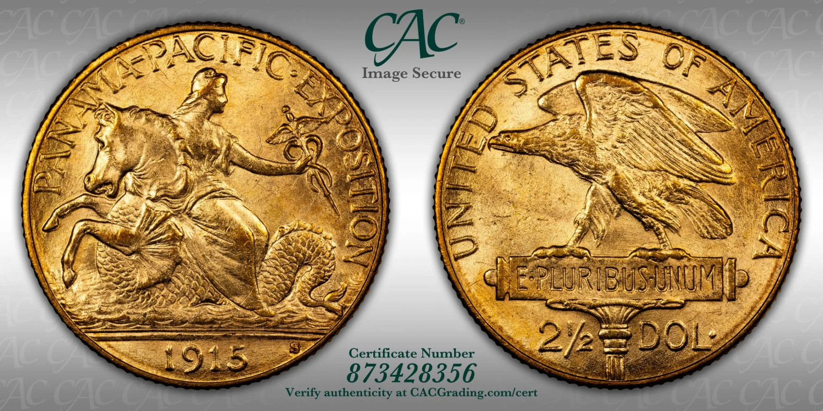 1915-S $2.50 CACG MS64 CAC Gold Panama-Pacific Expo Commemorative Quarter Eagle 1915-S $2.50 CACG MS64 CAC Gold Panama-Pacific Expo Commemorative Quarter Eagle
