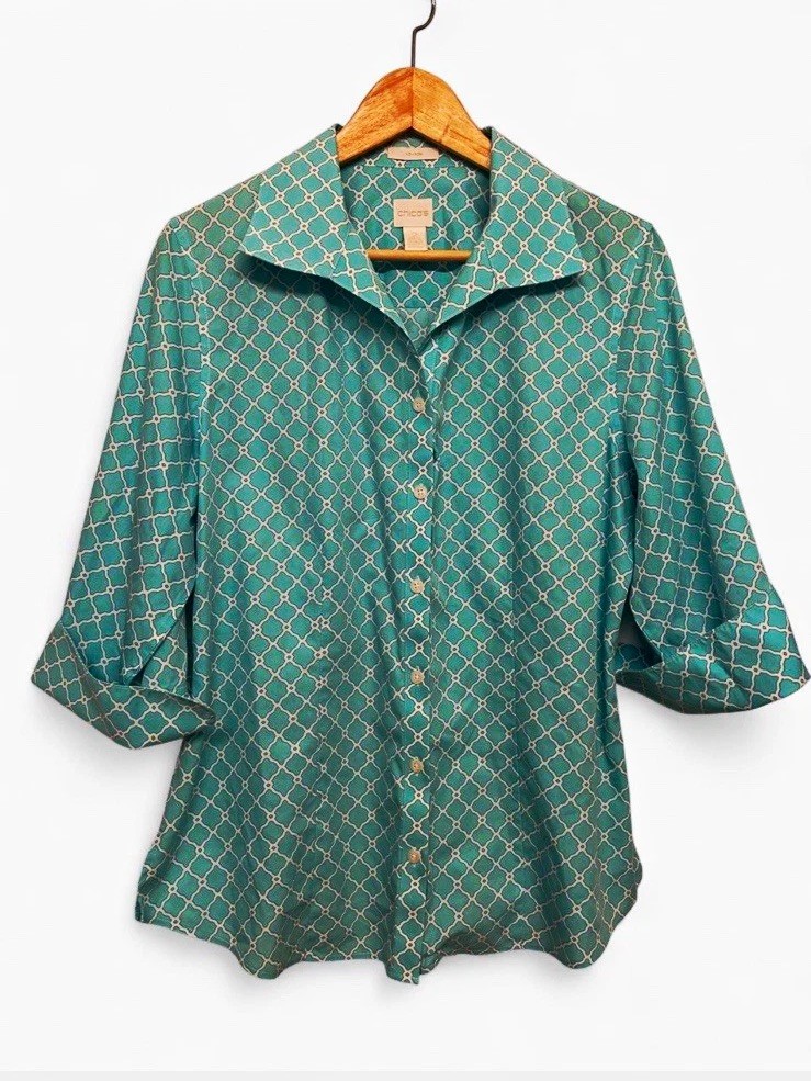 Chico\'s No Iron Geometric Trellis 3/4 Sleeve Button-Down Size 2 (US Large 12-14)