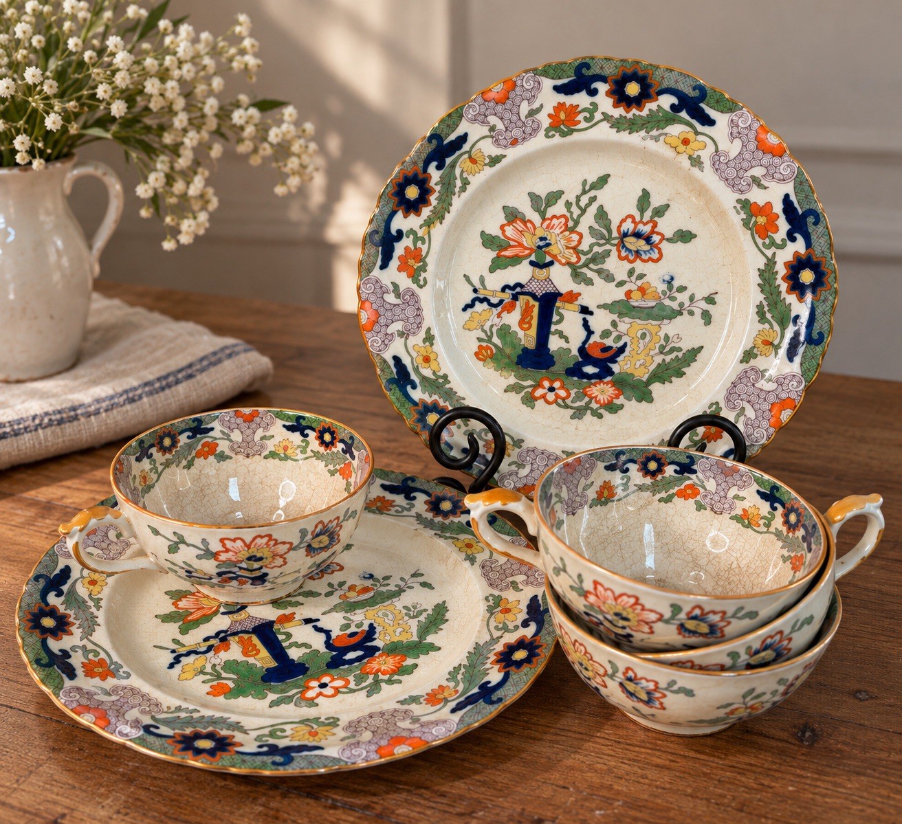 Exceptional Antique Mason’s Patent Ironstone C2840 “Table & Vase” 8-Piece