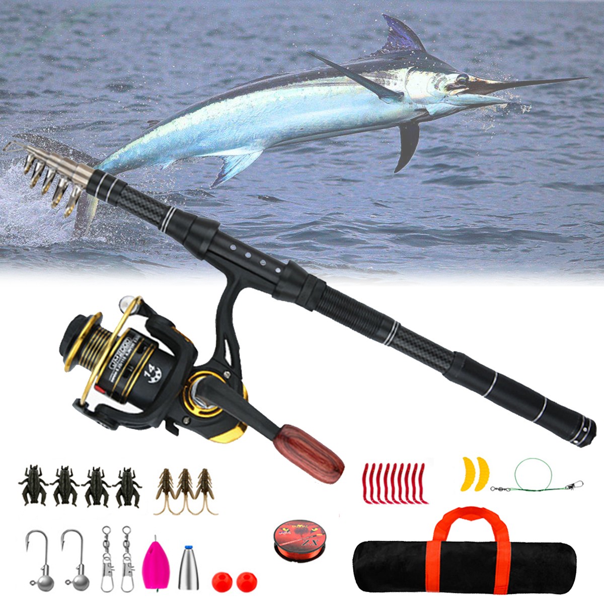 Carbon Fiber Telescopic Fishing Rod Pole Reel Combo Sea Saltwater Freshwater