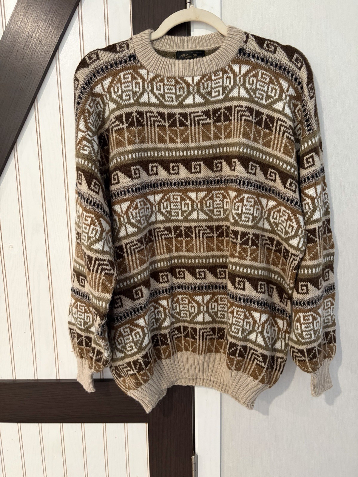 San Miguel Vintage Alpaca Wool Geometric Sweater Mens Large Brown Neutral Peru San Miguel Vintage Alpaca Wool Geometric Sweater Mens Large Brown Neutral Peru