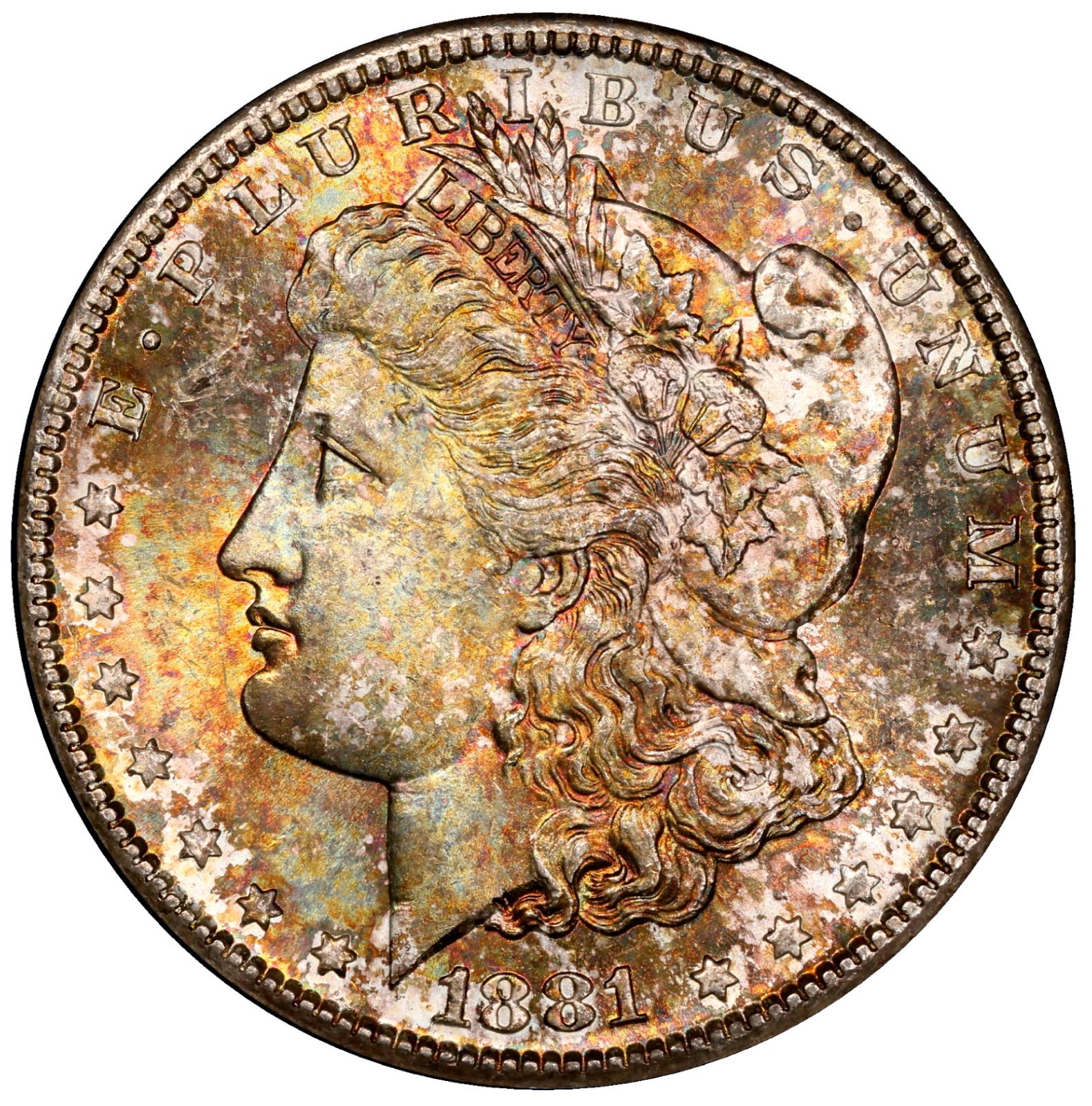 1881-S NGC MS 64 Old Holder Rainbow Toned Morgan Dollar Looks 65