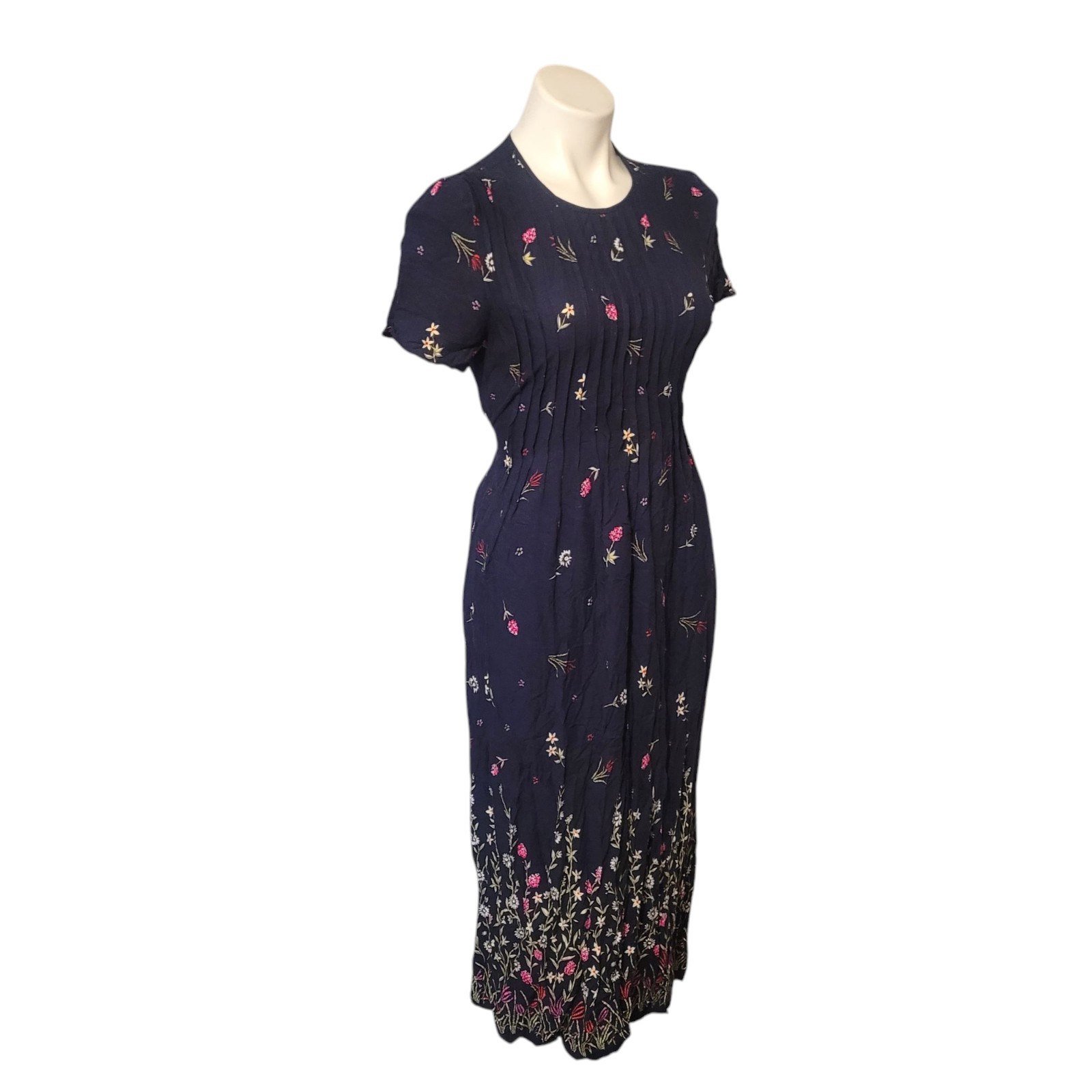 R&K Originals Petites Dress Pleated Bodice Tie Waist Blue Navy Pink Floral L/XL