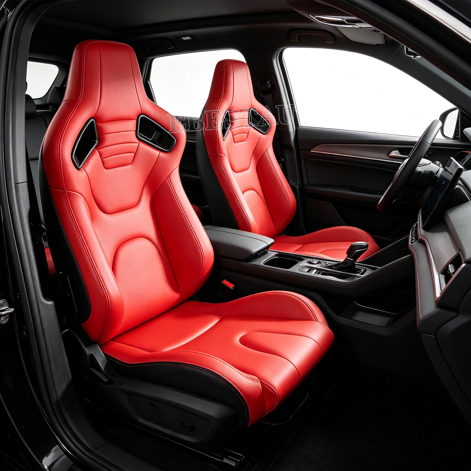 Universal Pair Reclinable Red PVC Leather Sport Racing Seats W/Slider Left/Right