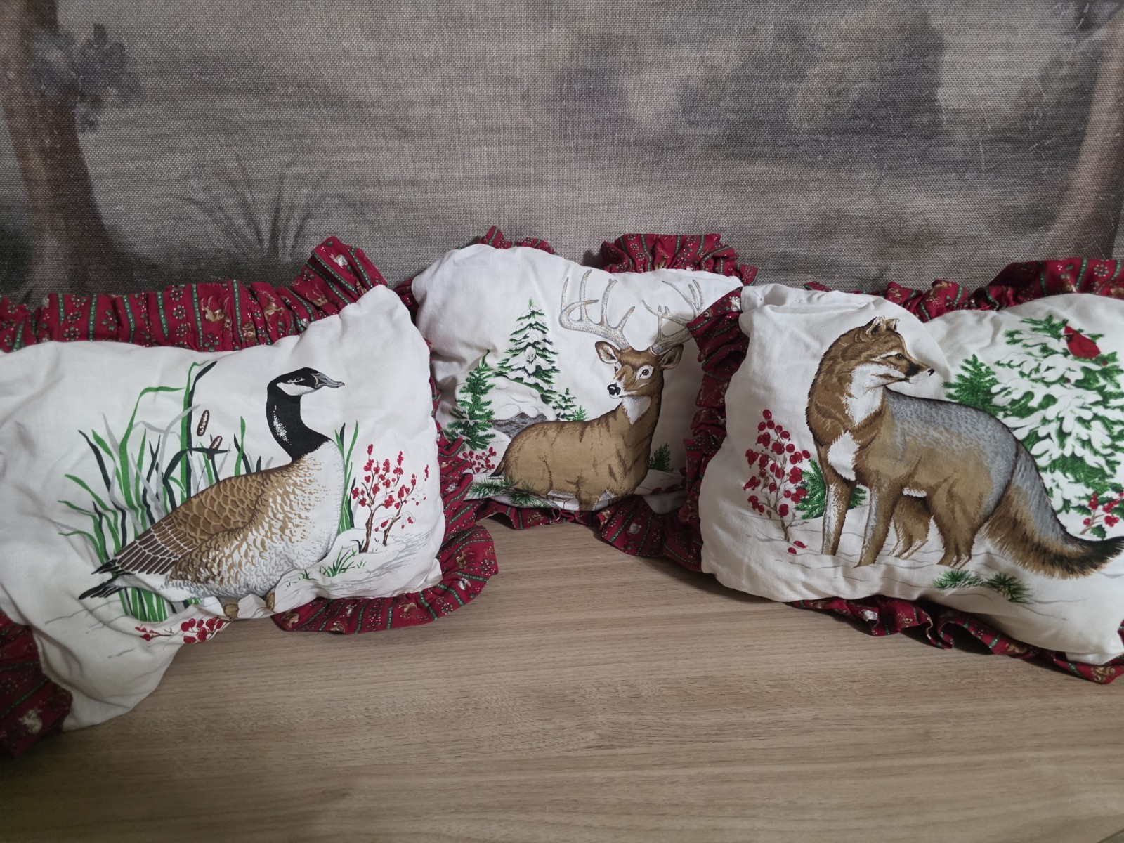 Vtg Cranston VIP Wildlife Pillow Set 3 Goose Deer Fox Christmas Ruffle Cabin