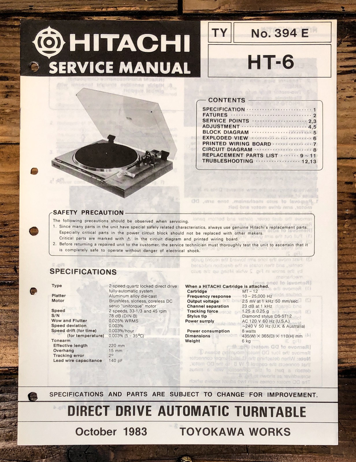 Hitachi HT-6 Record Player / Turntable Service Manual *Original*