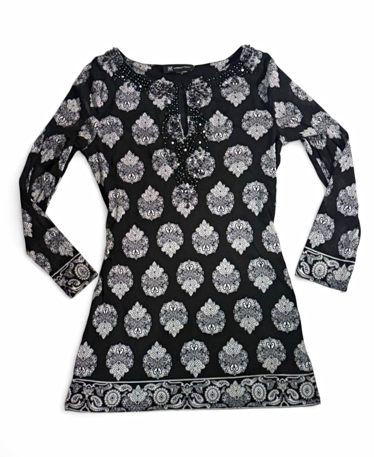 INC International Concepts Black White Floral V-Neck Long Sleeve Beaded Top M