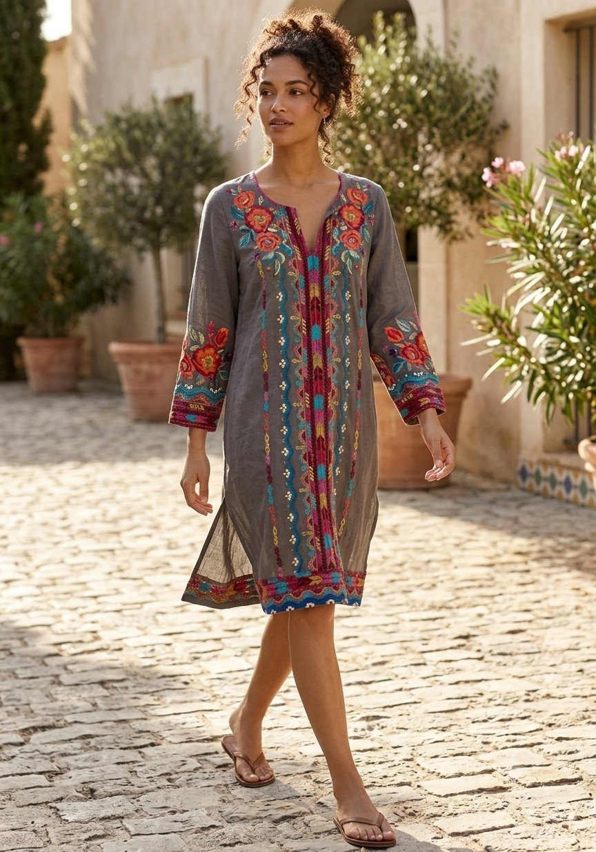 NWOT Johnny Was Letty Embroidered Linen Tunic Dress Gray Floral Boho J35219-2 