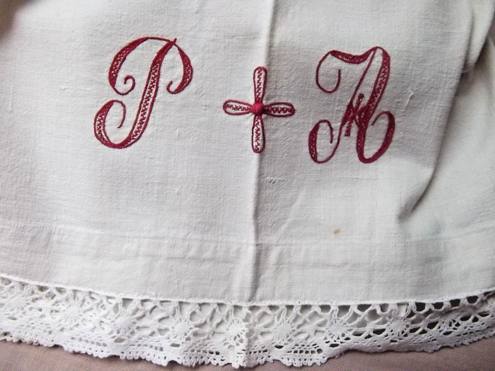 Vtg antique monogram PA French metis linen sheet 90\