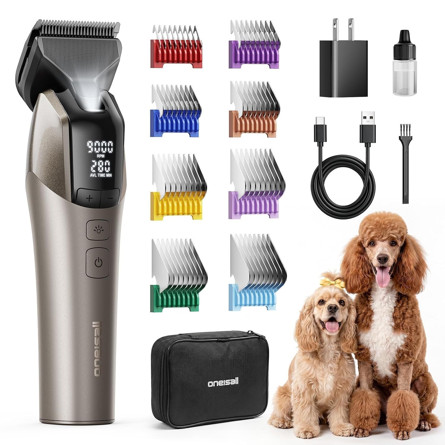 oneisall Professional Dog Clippers for Grooming Thick Hair, 9000RPM 5 Speed