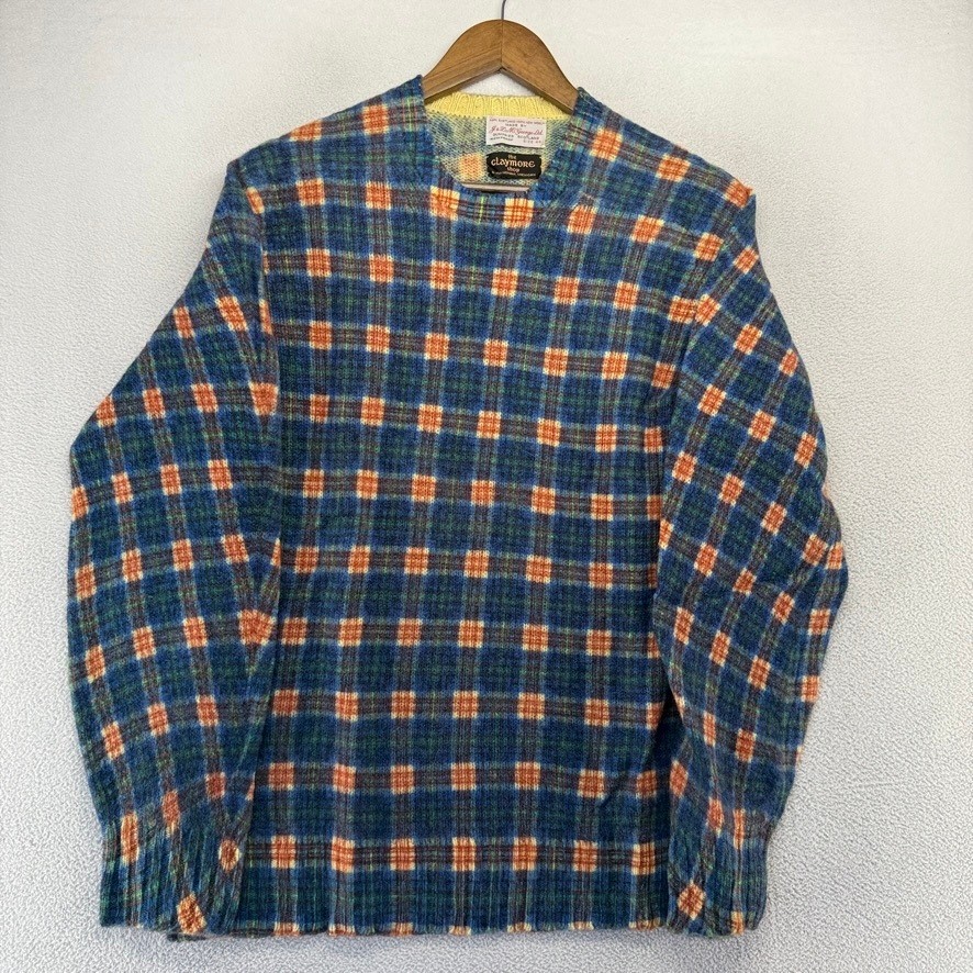 Vintage JD McGeorge Sweater Mens 44 Blue Plaid Crewneck Shetland Wool Scotland