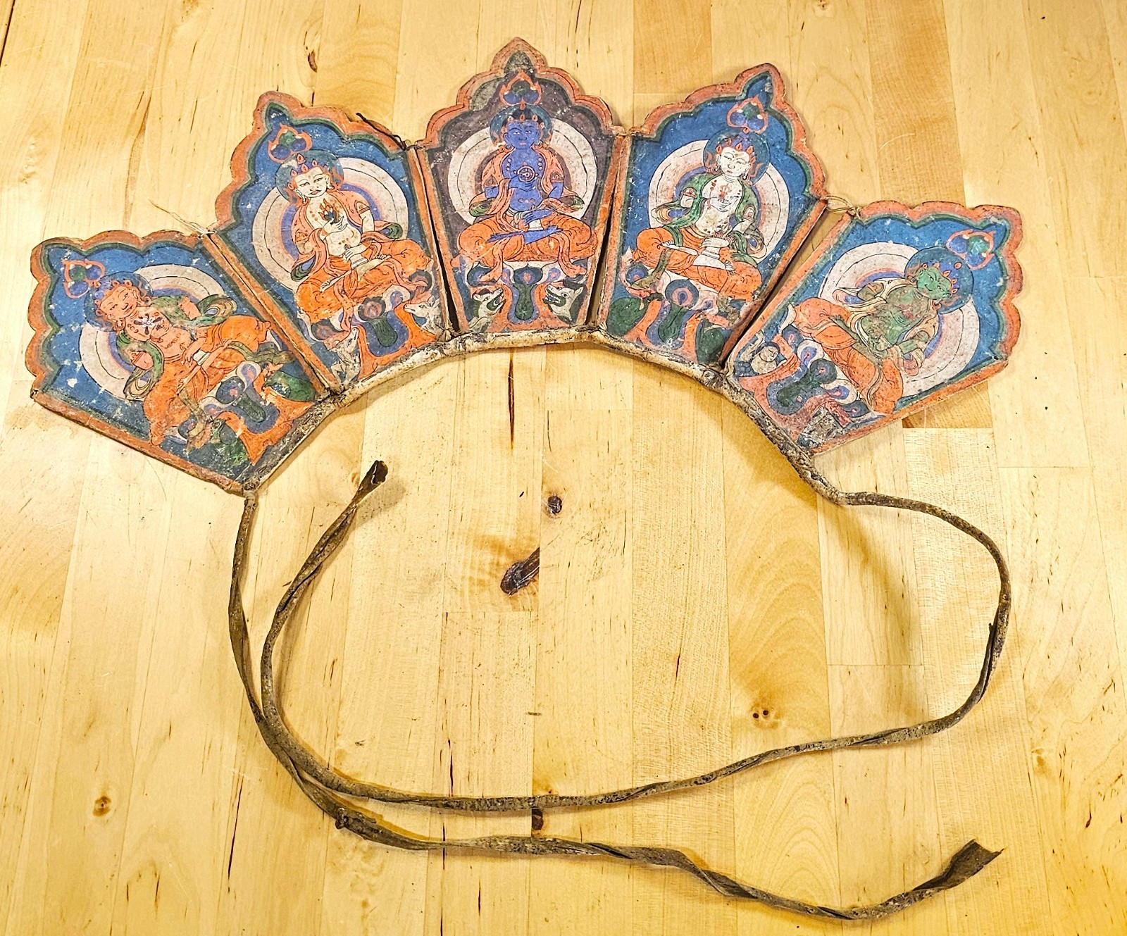 15th/16th cent Tibetan Buddhist Five Leaf Ritual Crown Leather Antique