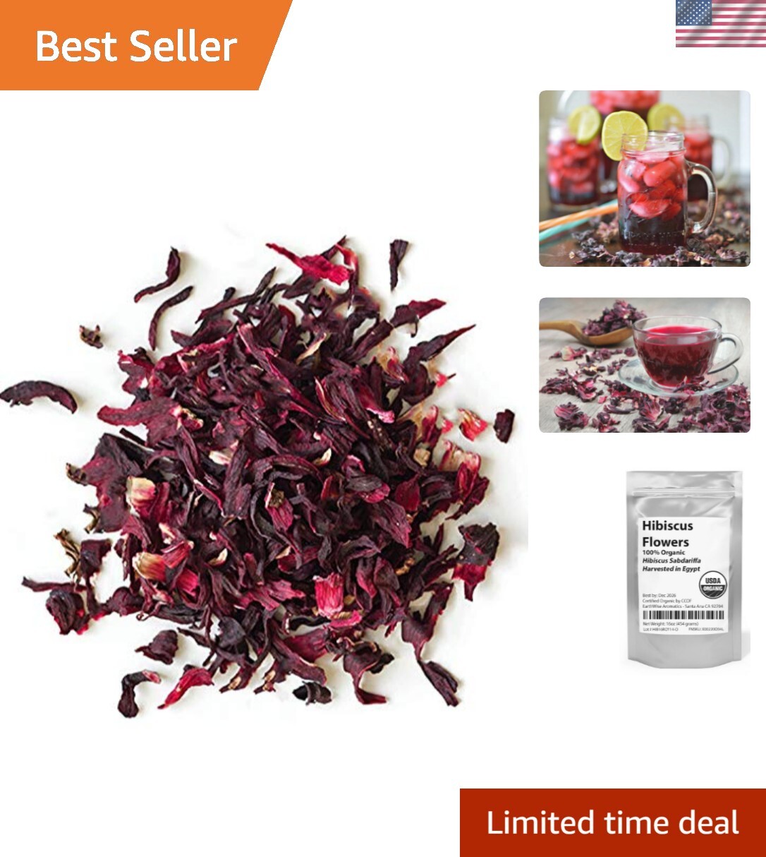 100% Natural Hibiscus Flowers - 16oz - EarthWise Aromatics for Immune Support