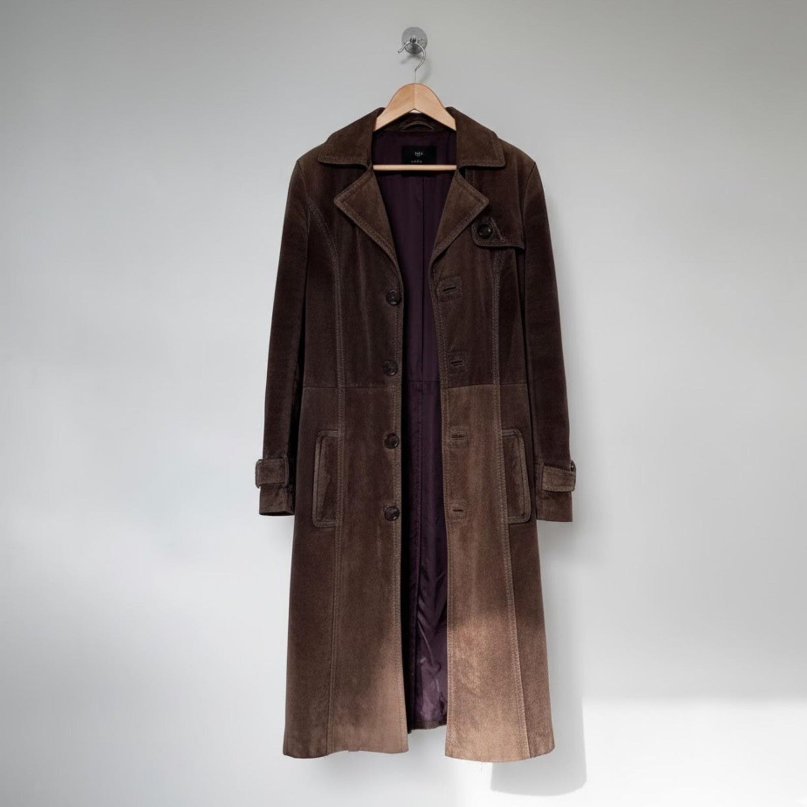 Women Brown Suede Leather Long Trench Coat Real Leather Classic Vintage Overcoat