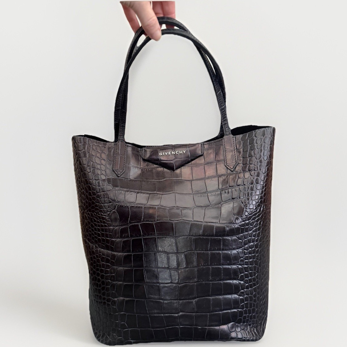 Givenchy Black Croc-Embossed Large Tote Bag Open Top, Silver Hardware, Zip Pouch