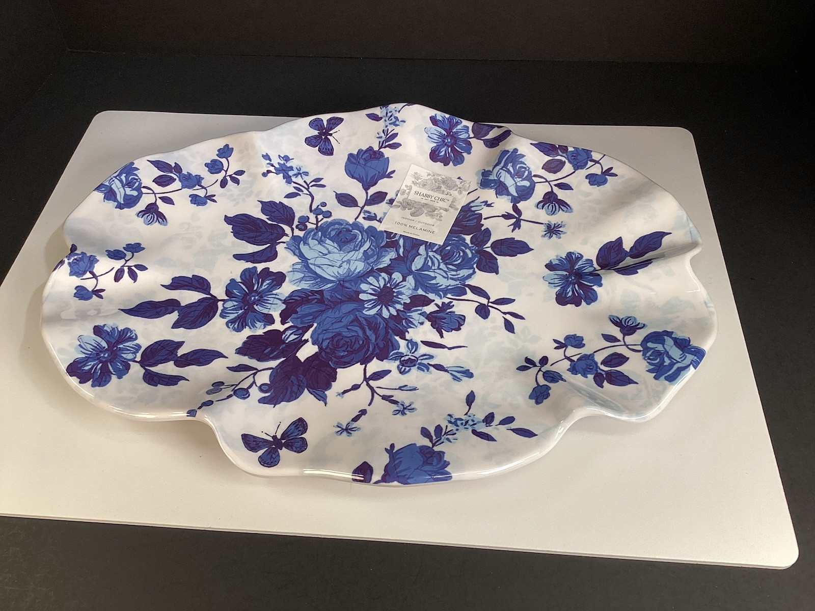 Shabby chic blue floral Large oval scalloped melamine platter