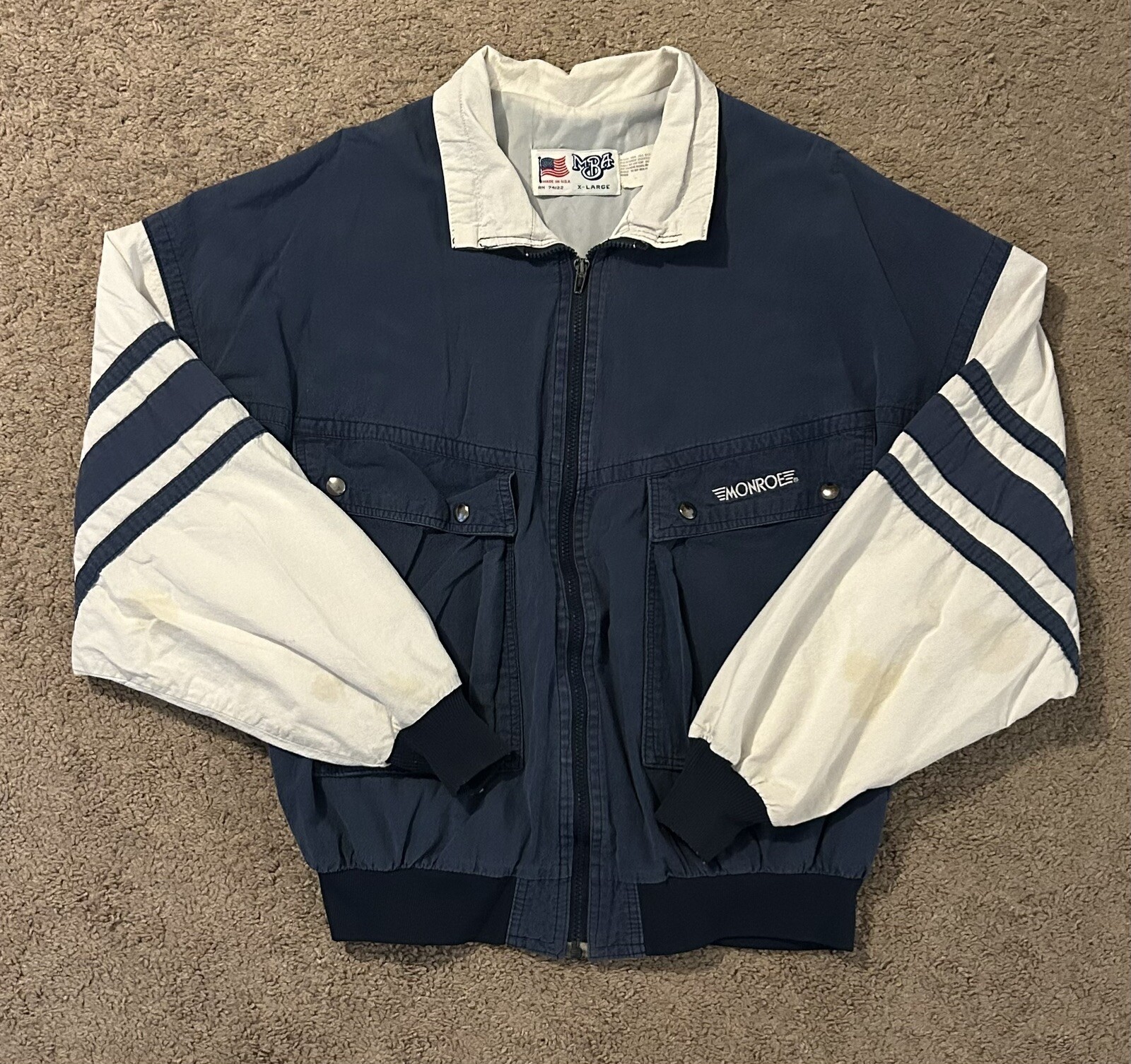 VTG Bomber Jacket MBA Monroe Auto Parts Racer Blue/White XL Made In USA VTG Bomber Jacket MBA Monroe Auto Parts Racer Blue/White XL Made In USA