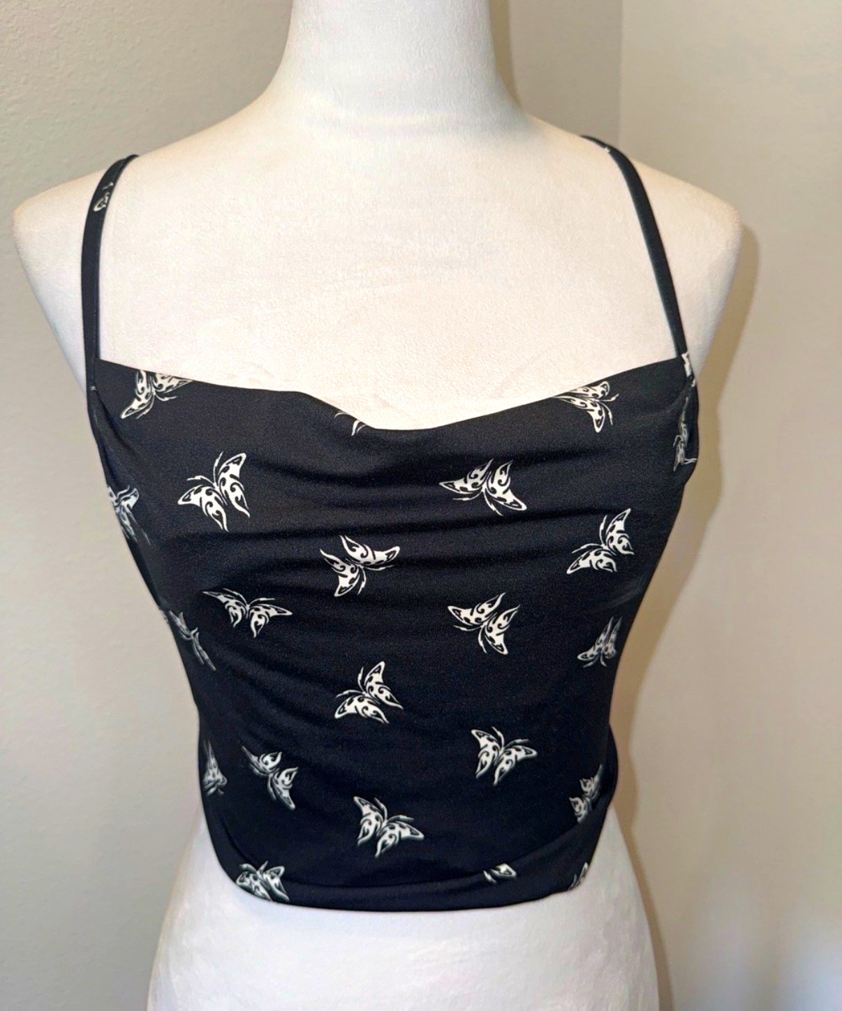 H&M Black Butterfly Print Cowl Neck Women\'s Tank Top M