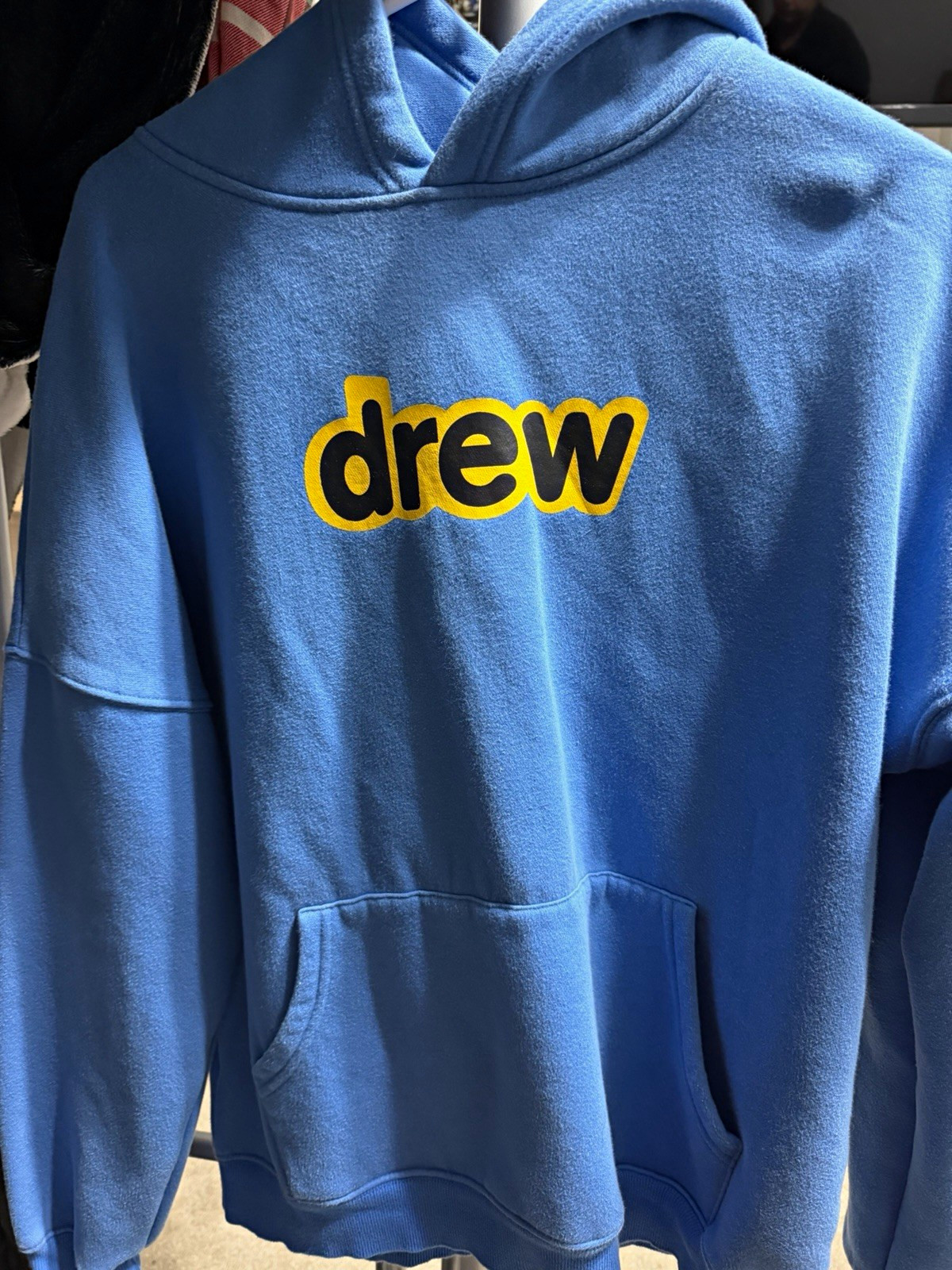 drew house Blue/Yellow Logo Pullover Hoodie M Cotton Fleece Pockets Hooded