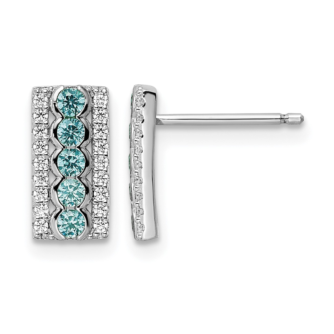 CZ Aqua & White Post Earrings 11.3x5.95mm 925 Sterling Silver Rhodium-Plated