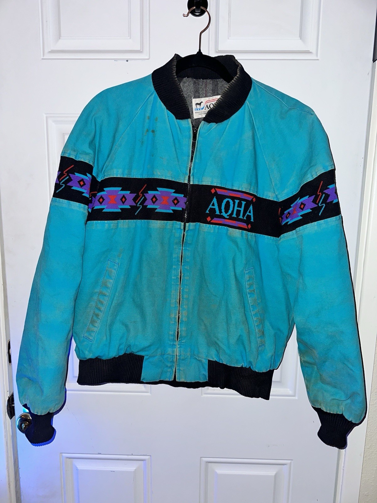 Vintage 90s David James AQHA Aztec Southwestern Blanket Jacket Turquoise USA