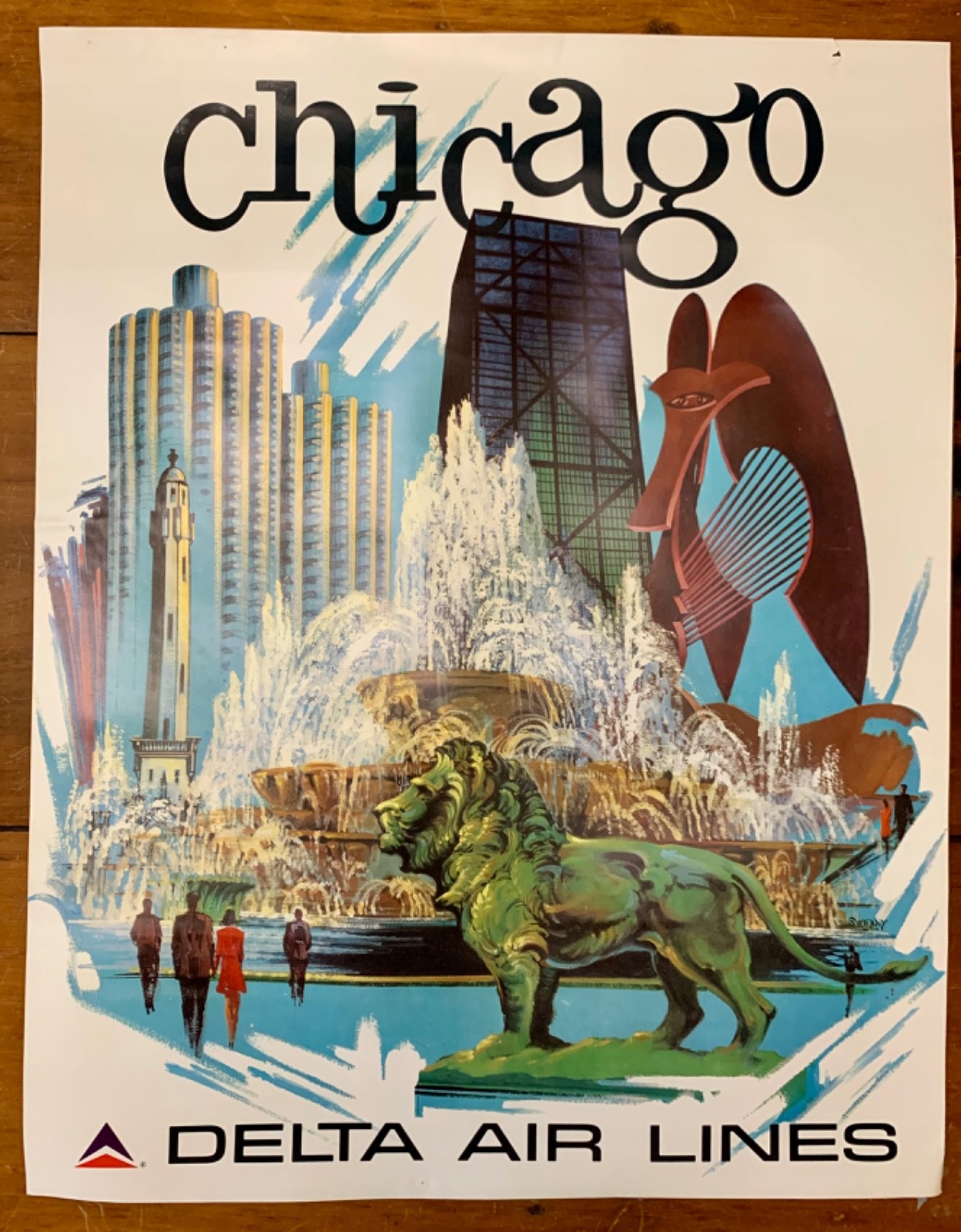 Originl Delta Airlines Travel Poster / Chicago / Fred Sweney / 22 x 28 Originl Delta Airlines Travel Poster / Chicago / Fred Sweney / 22 x 28