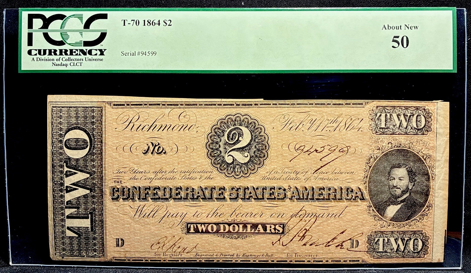 T-70 1864 Confederate States $2 Civil War CSA Obsolete Banknote Currency PCGS 50