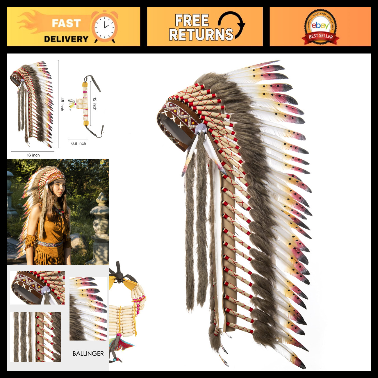 Large Native American Headdress & Choker Set for Men & Women - Costume Accessory